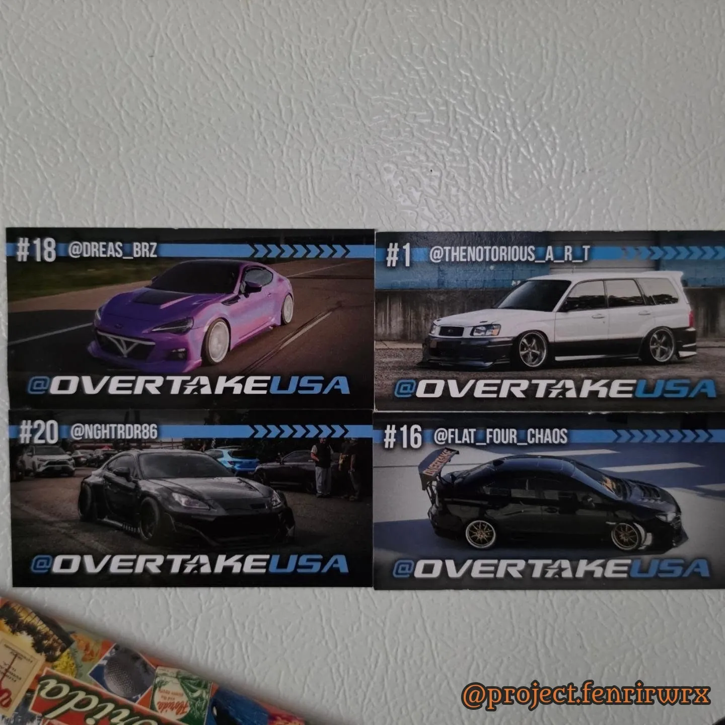 Overtake sticker collection on the fridge