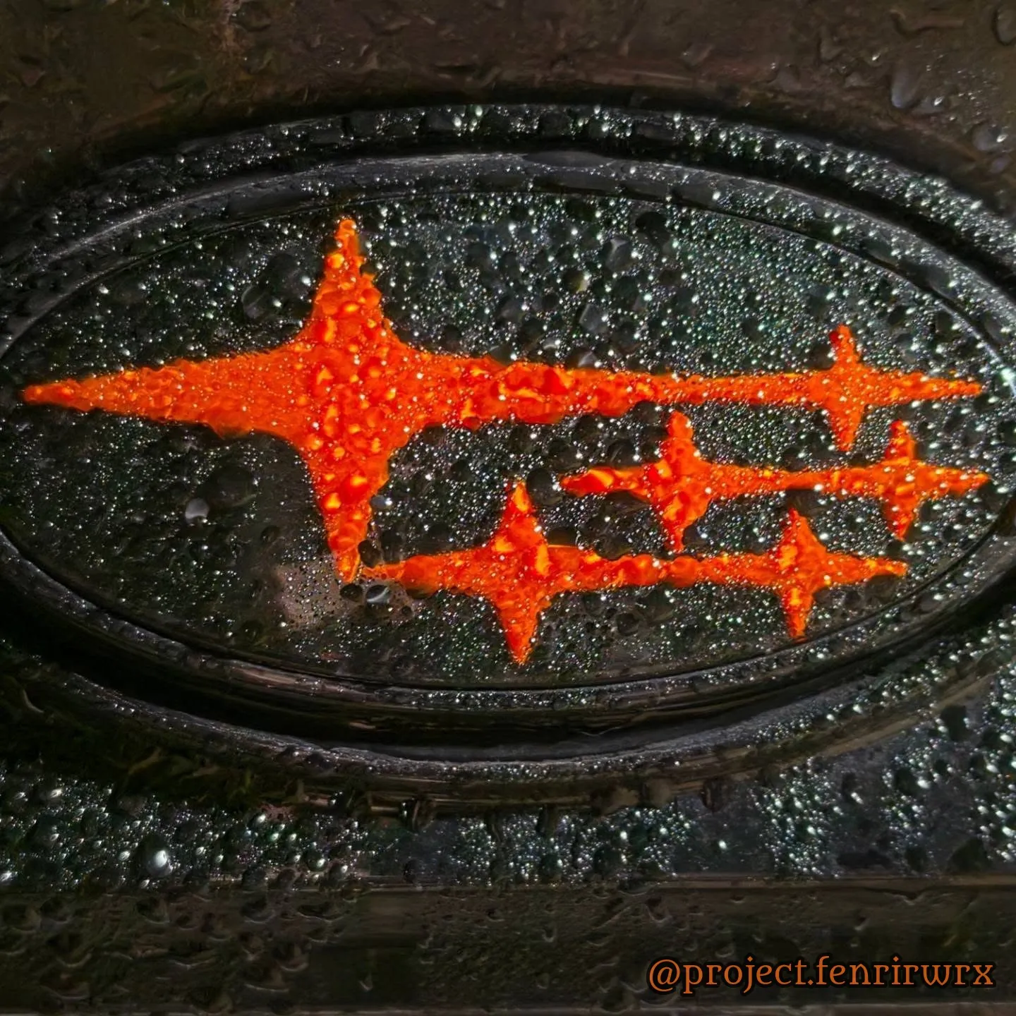 Orange badge beaded with rain