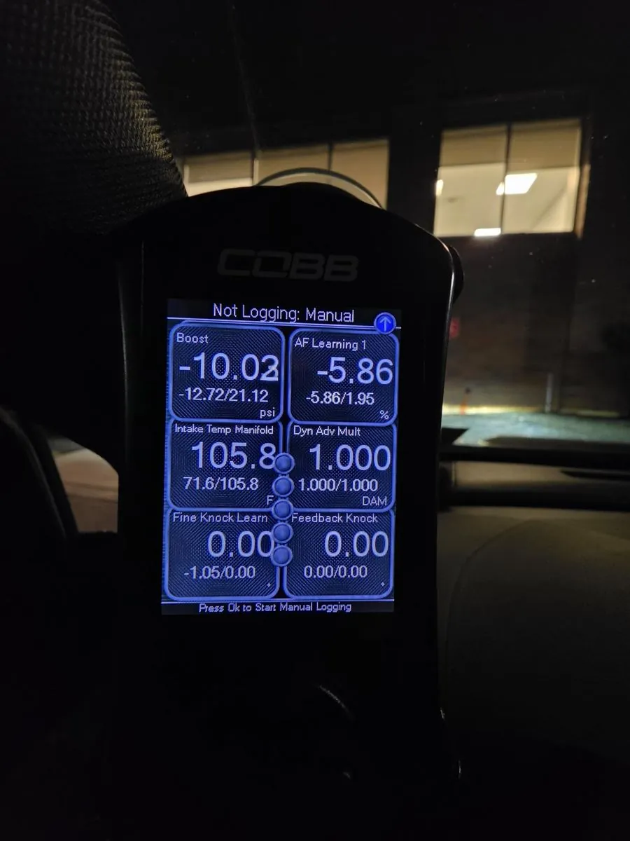 COBB Accessport showing a 21.12 psi boost peak