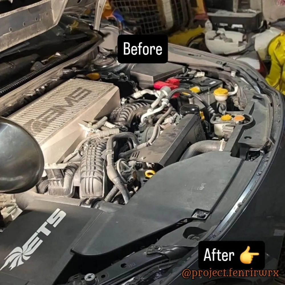 Engine bay before and after the intake and intercooler
