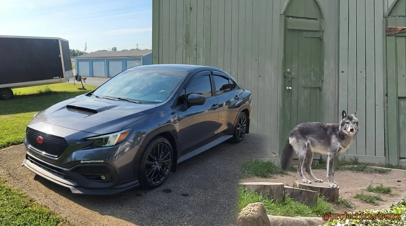 Fenrir beside a wolf statue